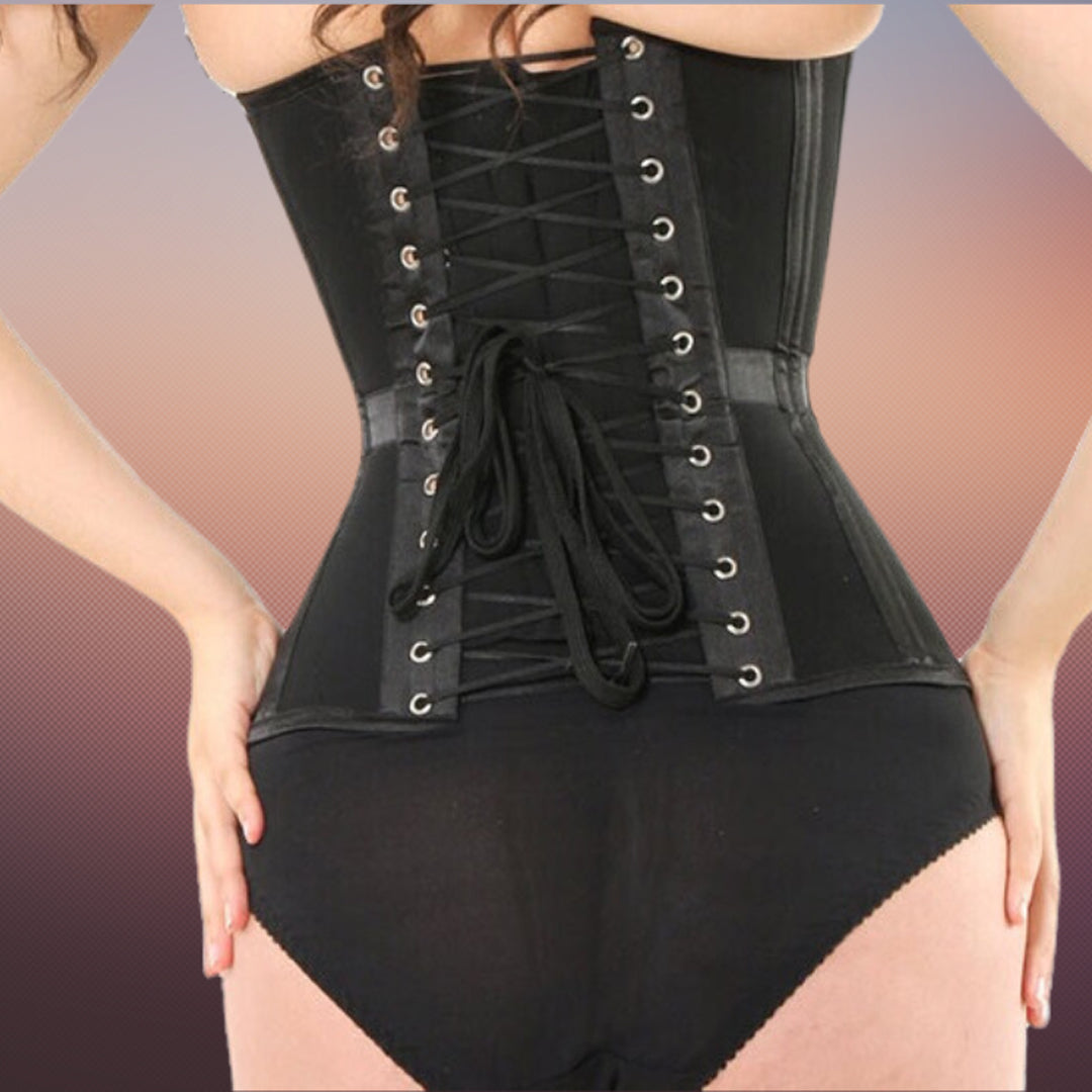 3F-146-Sheer Fabric – Over Bust, Black Corset Six Hooks Busk With Waist band.