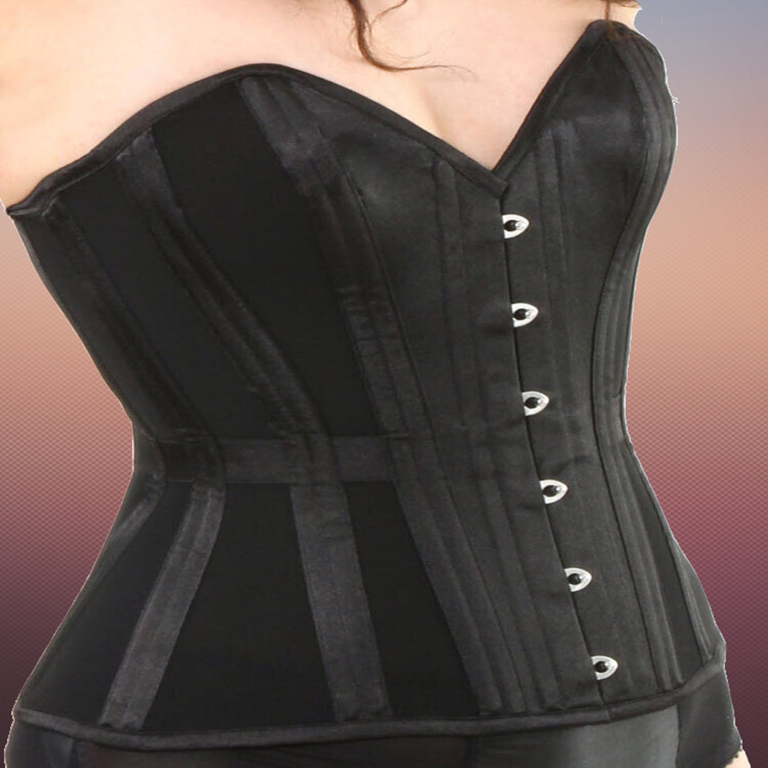 3F-146-Sheer Fabric – Over Bust, Black Corset Six Hooks Busk With Waist band.