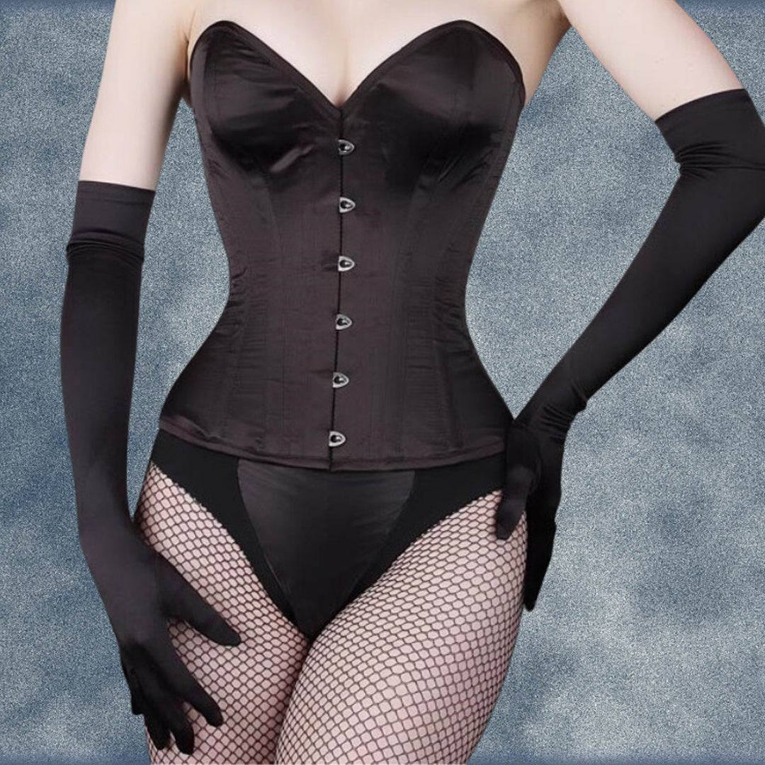 3F-146 – Over Bust, Black Satin Corset Six Hooks Busk.