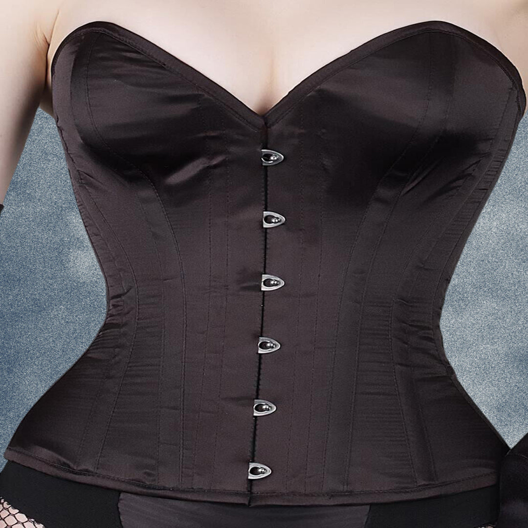 3F-146 – Over Bust, Black Satin Corset Six Hooks Busk.