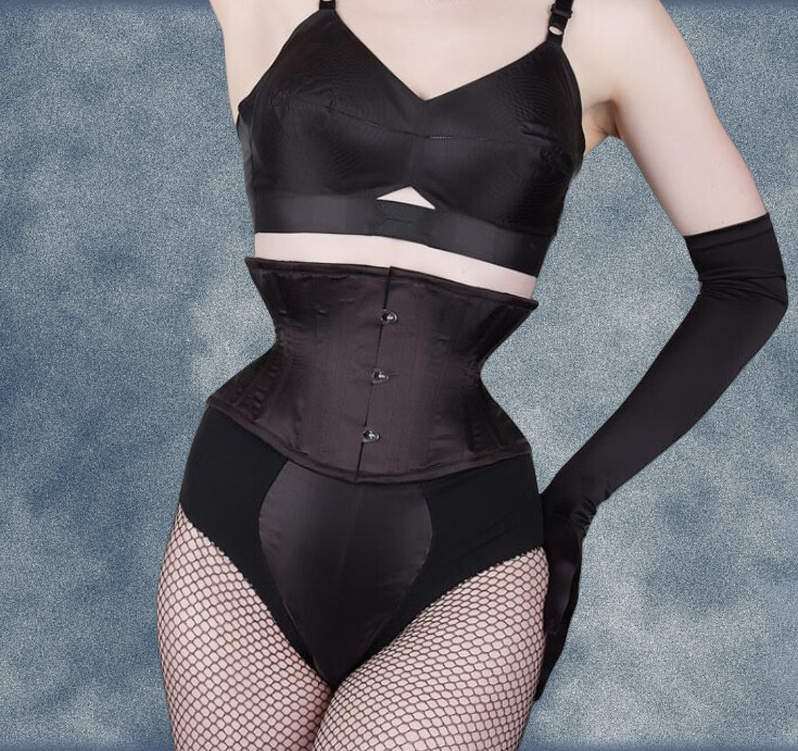 3F-135K – Black Satin Under Bust Corset Three Hooks Busk.