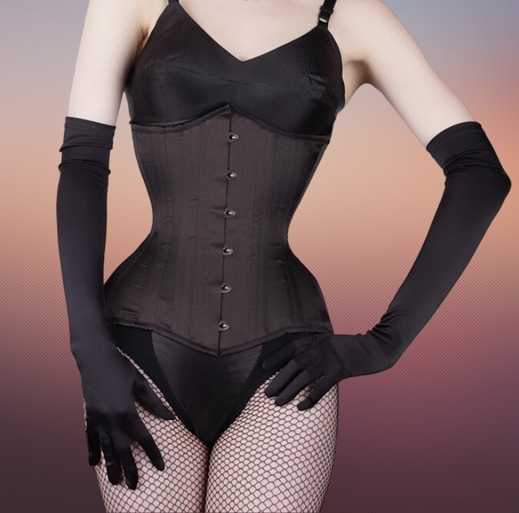 3F-206 – Black Satin Under Bust Corset With Six Hooks Busk.