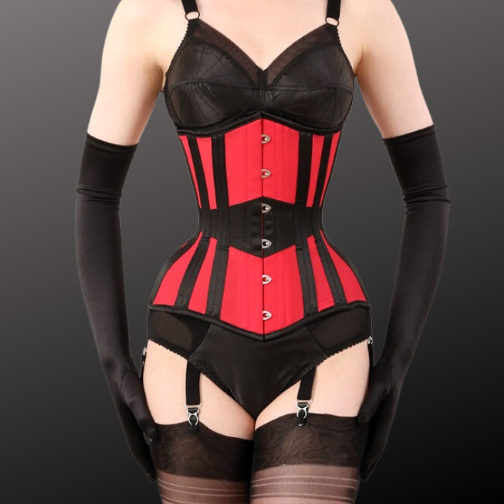 3F-206 – Red Satin Under Bust Corset, Black BBT With Waist Band & Six Hooks Busk.