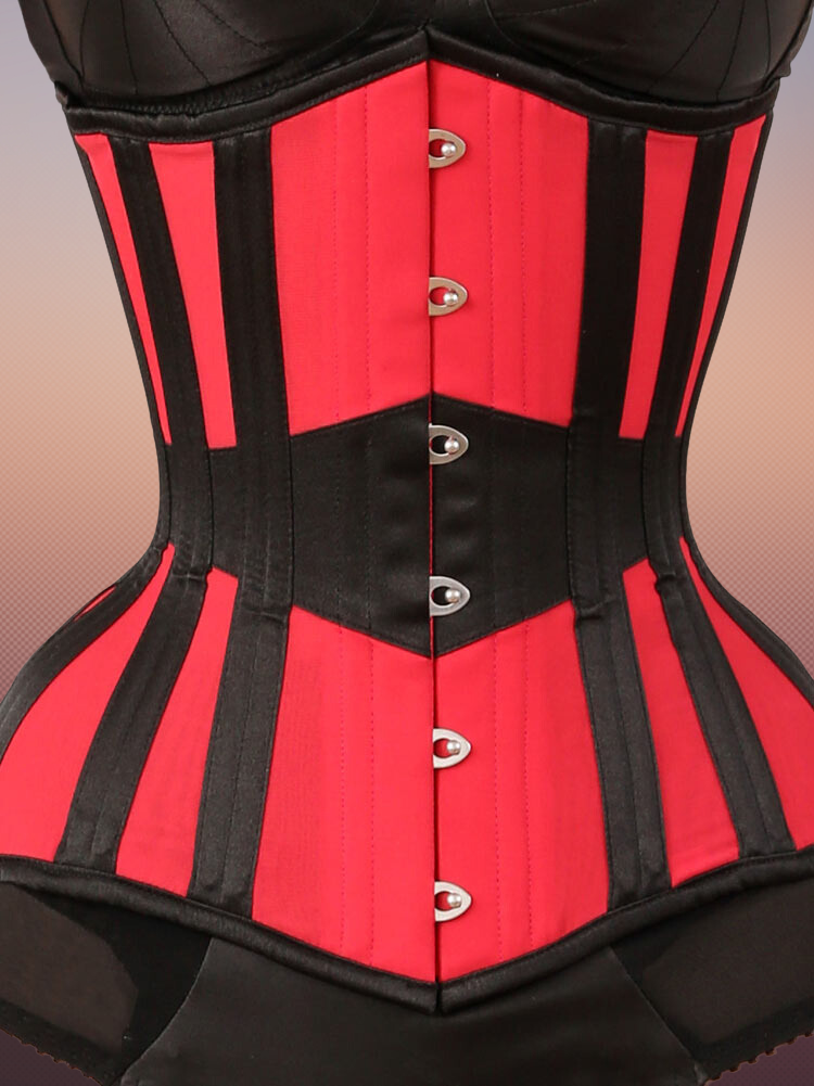 3F-206 – Red Satin Under Bust Corset, Black BBT With Waist Band & Six Hooks Busk.