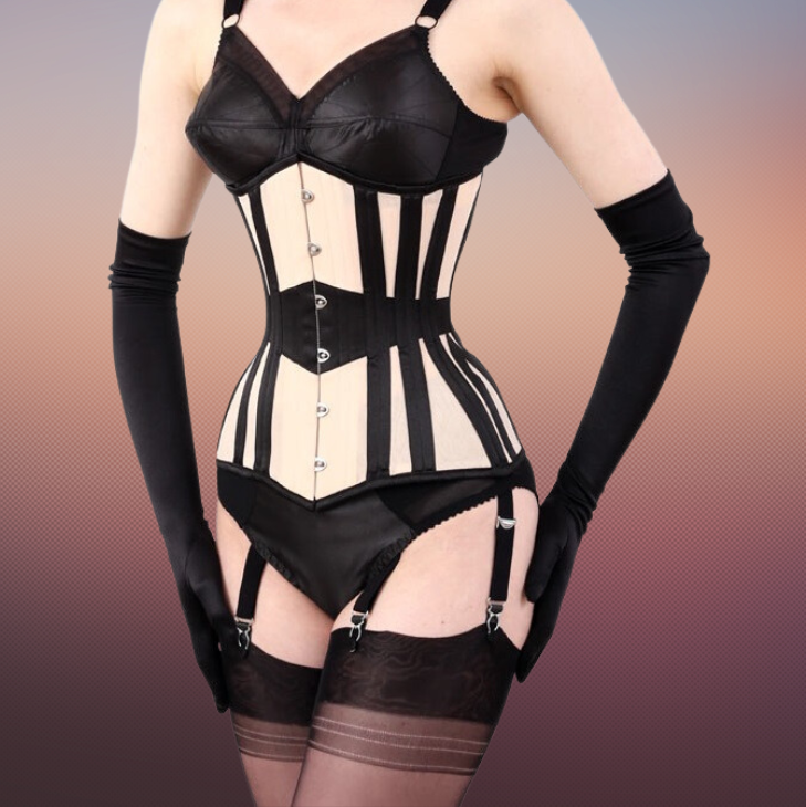 3F-206-3 – White Satin Under Bust Corset, Black BBT & Waist Band, Six Hooks Busk.