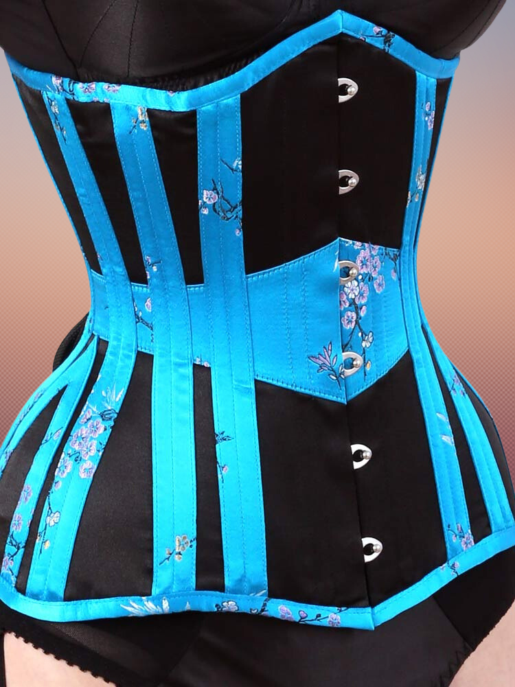 3F-206 – Black Satin Under Bust Corset, Turquoise Chinese Silk BBT & Waist Band, Six Hooks Stainless steel Busk.