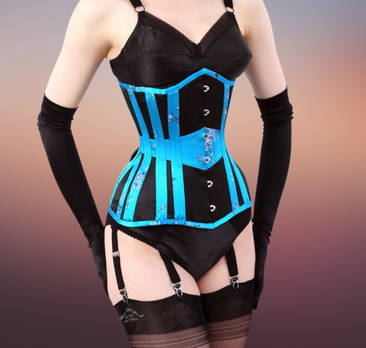 3F-206 – Black Satin Under Bust Corset, Turquoise Chinese Silk BBT & Waist Band, Six Hooks Stainless steel Busk.