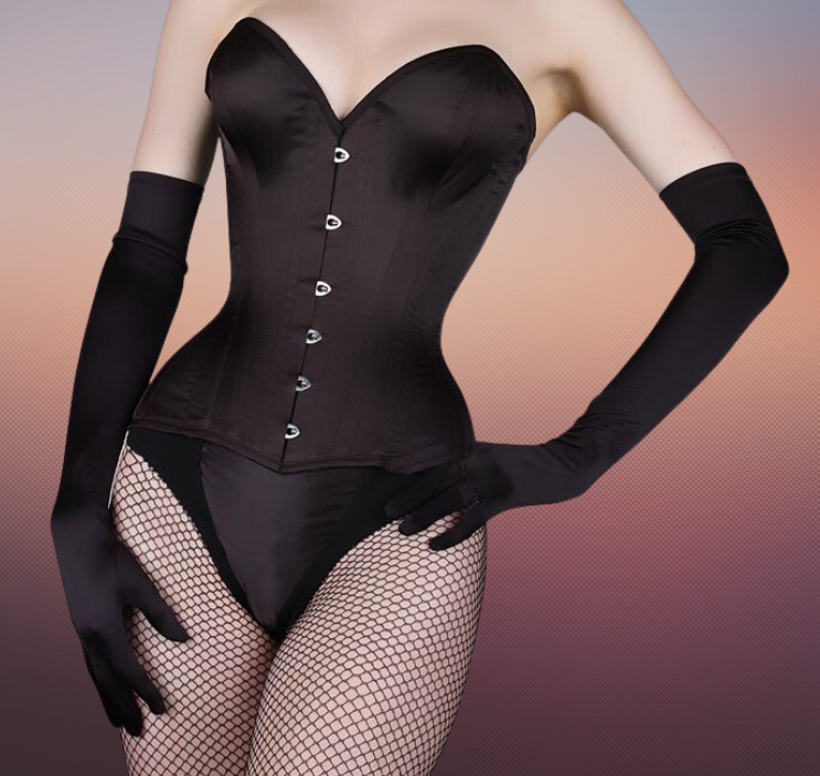 3F-240 – Black Satin Over Bust Corset With Six Hooks Busk.