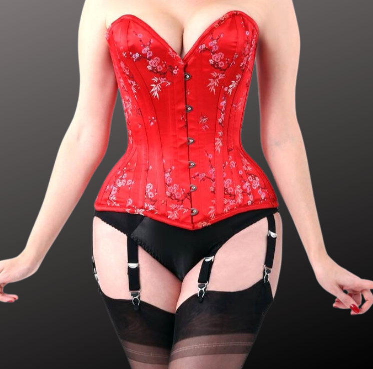 3F-240-CSLK – Over Bust Red Chinese Silk Corset With Six Hooks Busk.