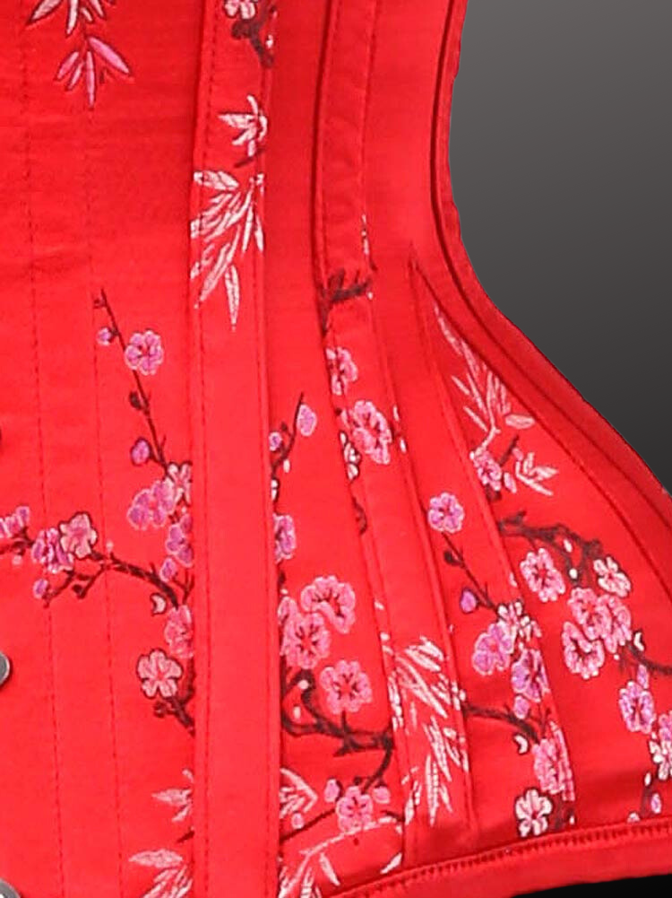 3F-240-CSLK – Over Bust Red Chinese Silk Corset With Six Hooks Busk.