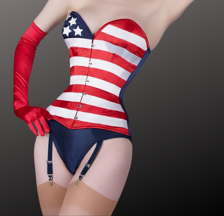 3F-240 – Over Bust, USA Flag Satin Corset With Six Hooks Busk.