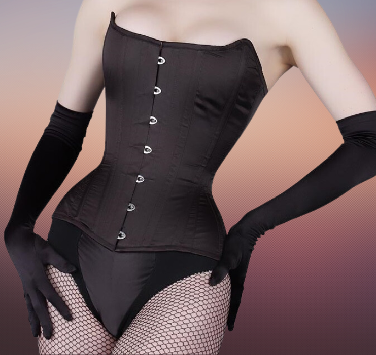 3F-251 – Over Bust Black Satin Corset With Seven Hooks Busk.