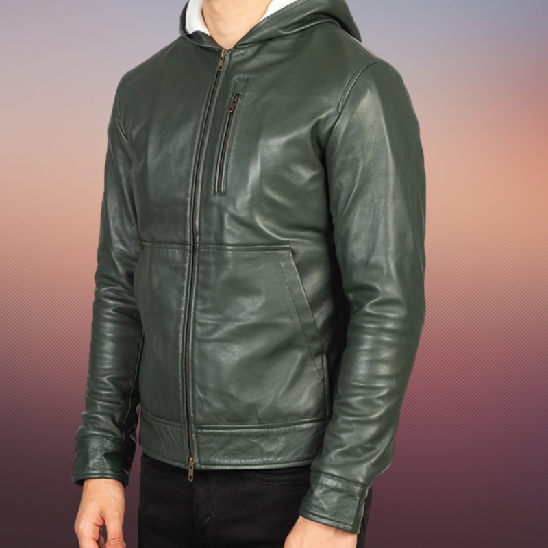 MLJ-123 – Men Hooded Leather Jacket