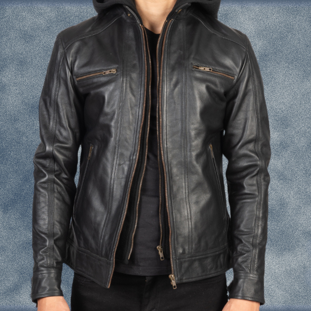 MLJ-125 – Men Biker Hooded Leather Jacket