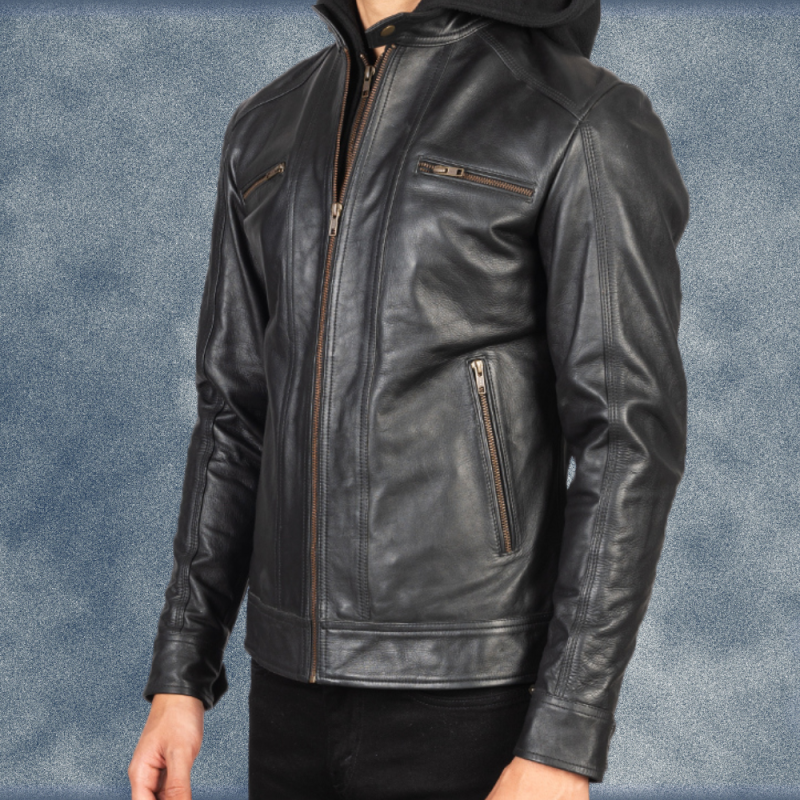 MLJ-125 – Men Biker Hooded Leather Jacket