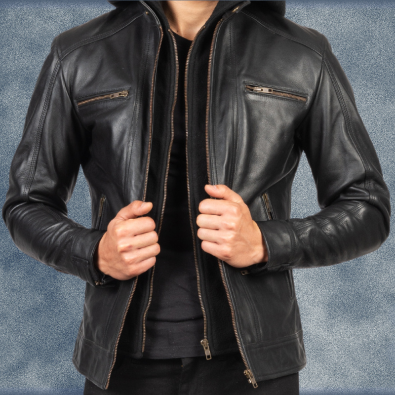 MLJ-125 – Men Biker Hooded Leather Jacket