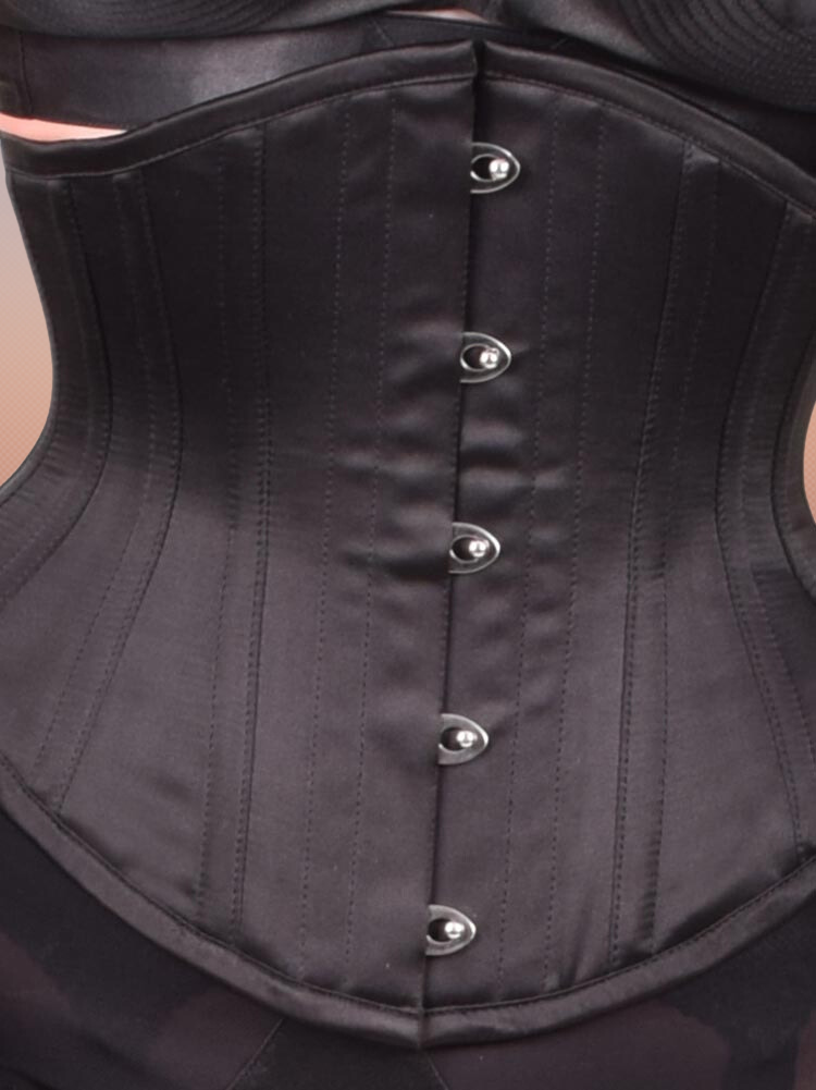 Riding – Under bust, Black Satin Corset With Five Hooks Busk.