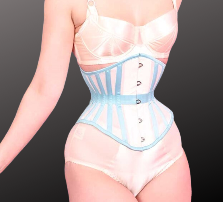 Riding corset – Under bust, Sheer & Sky Blue Satin Corset With Waist band.