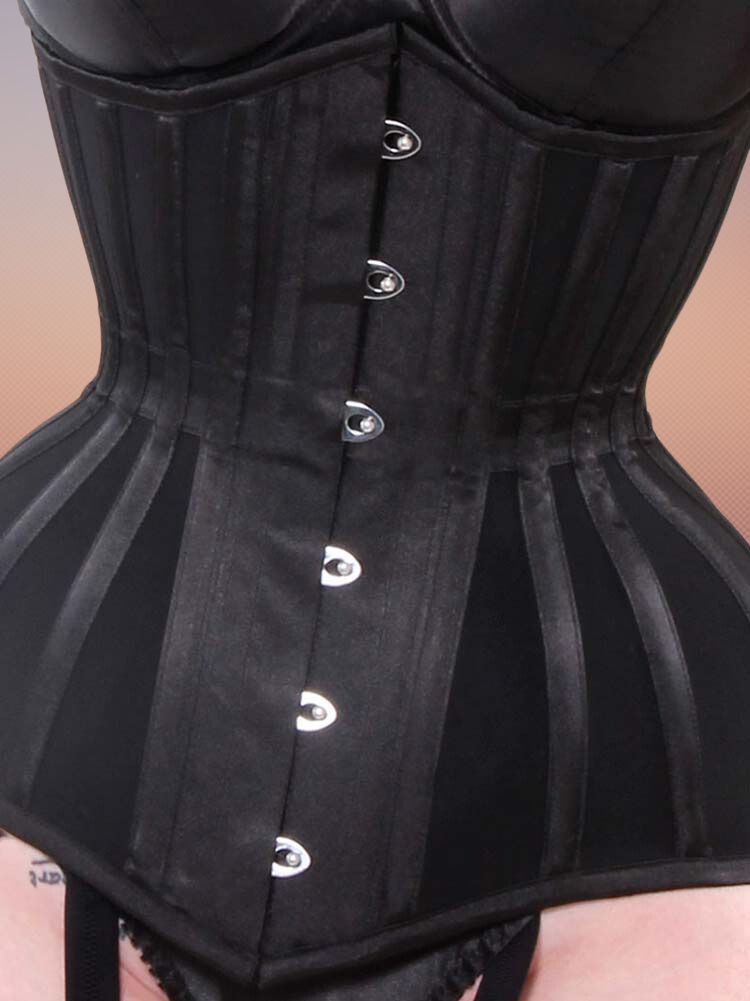 Style – W7 : Black Sheer Fabric Underbust Corset Six Hooks Busk With Waist Band.