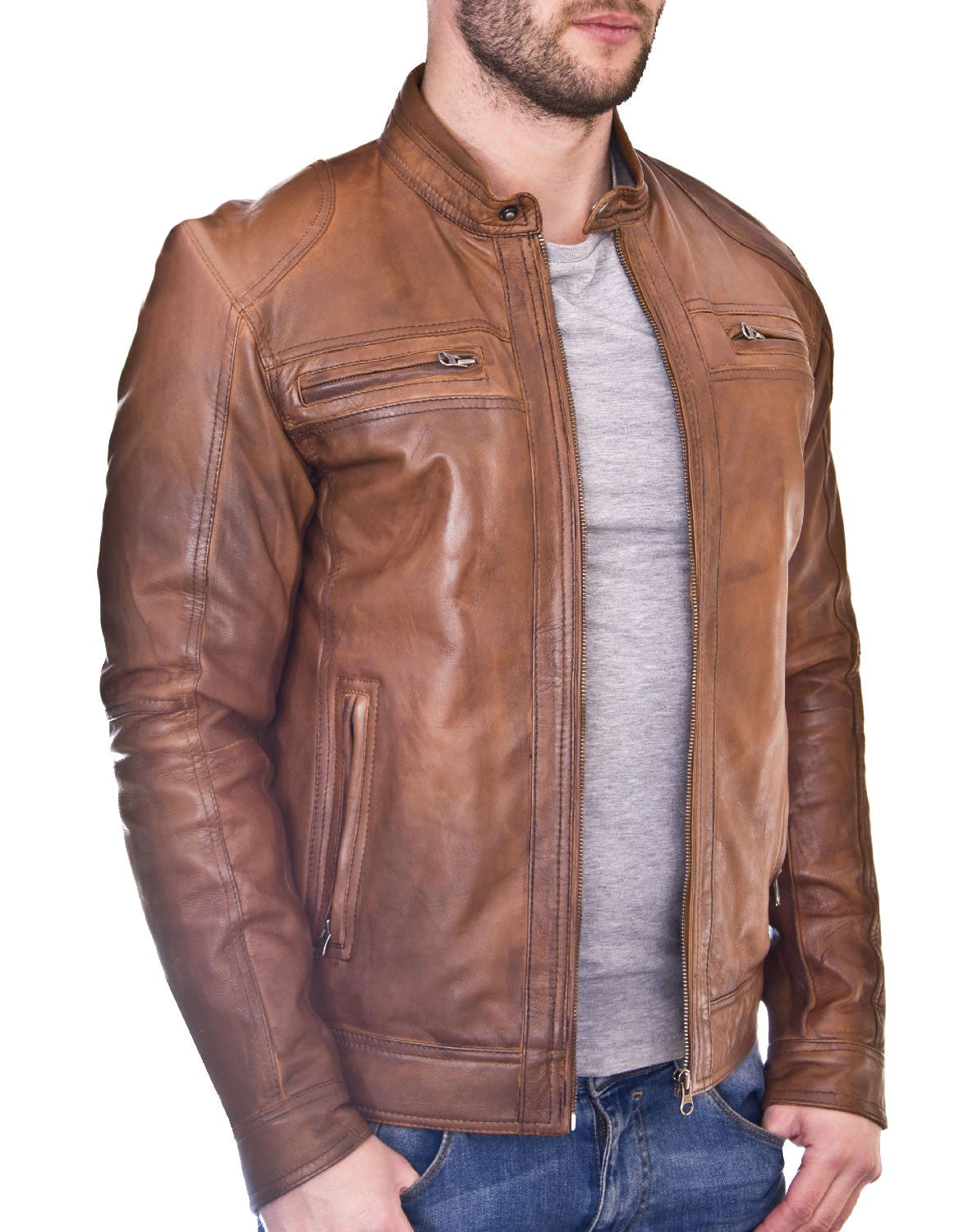 Premium Cafe Racer Leather Motorcycle Jacket, Vintage Retro Lightweight Biker Outerwear, Distressed Classic Biker Style