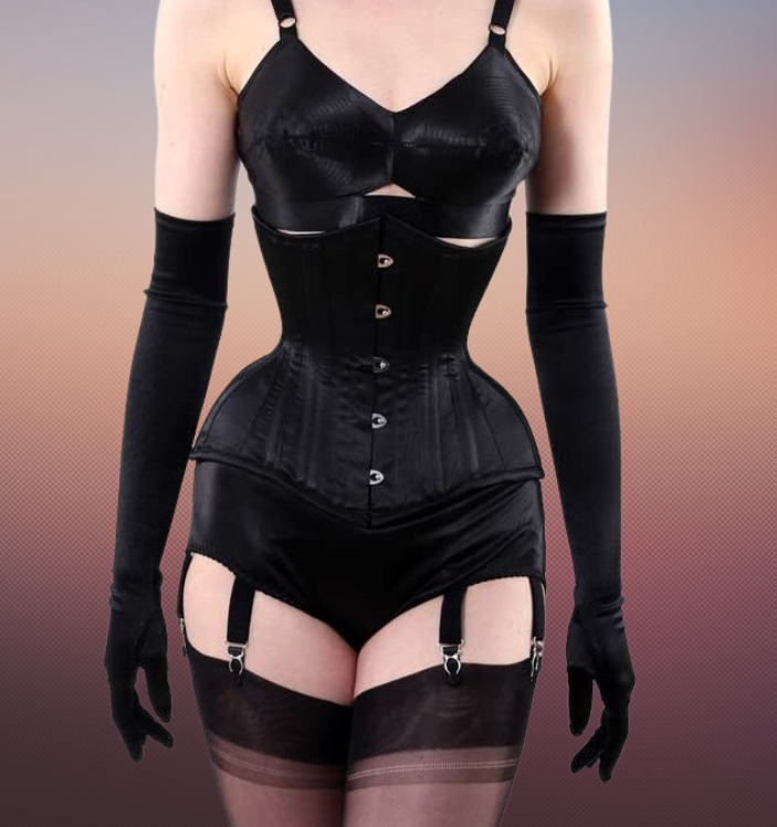 Vamp – Under Bust, Black Satin Corset With Five Hooks Busk.