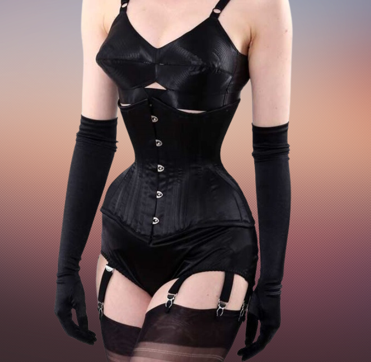 Vamp-B – Under Bust, Black Satin Corset With Five Hooks Busk.