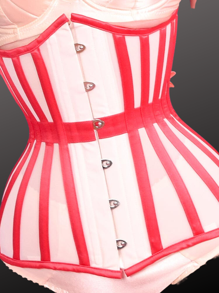 White Sheer Under bust Corset Red Satin BBT With Waist Band & Six Hooks Busk.